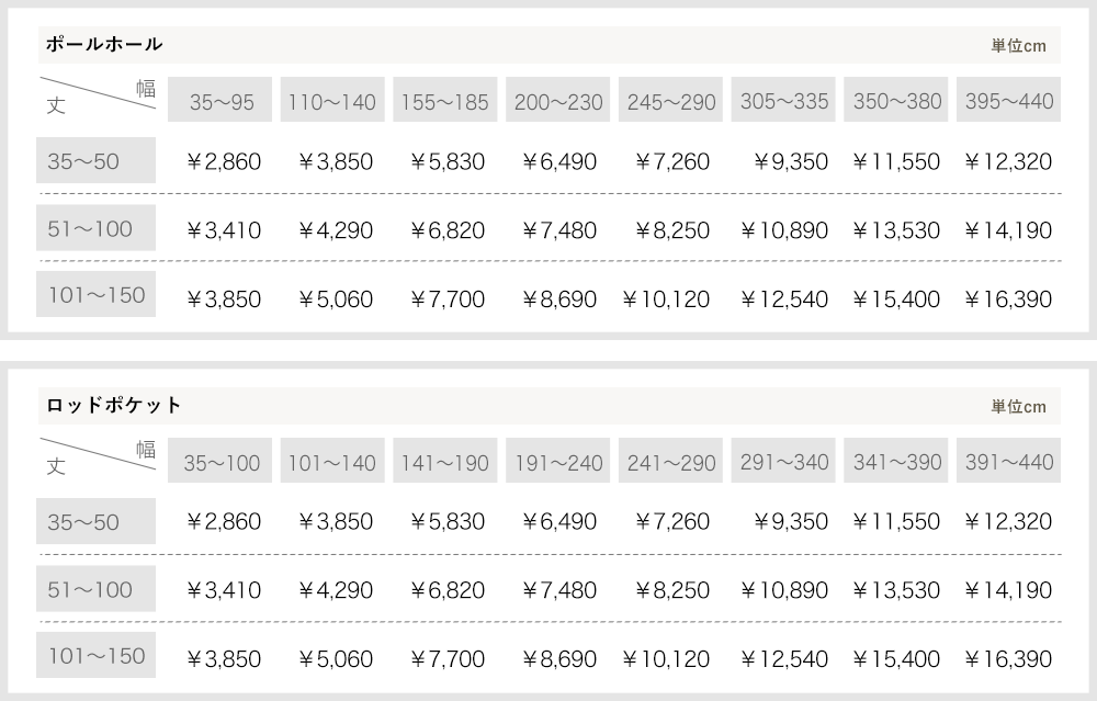 カーテン サイズオーダー 価格表