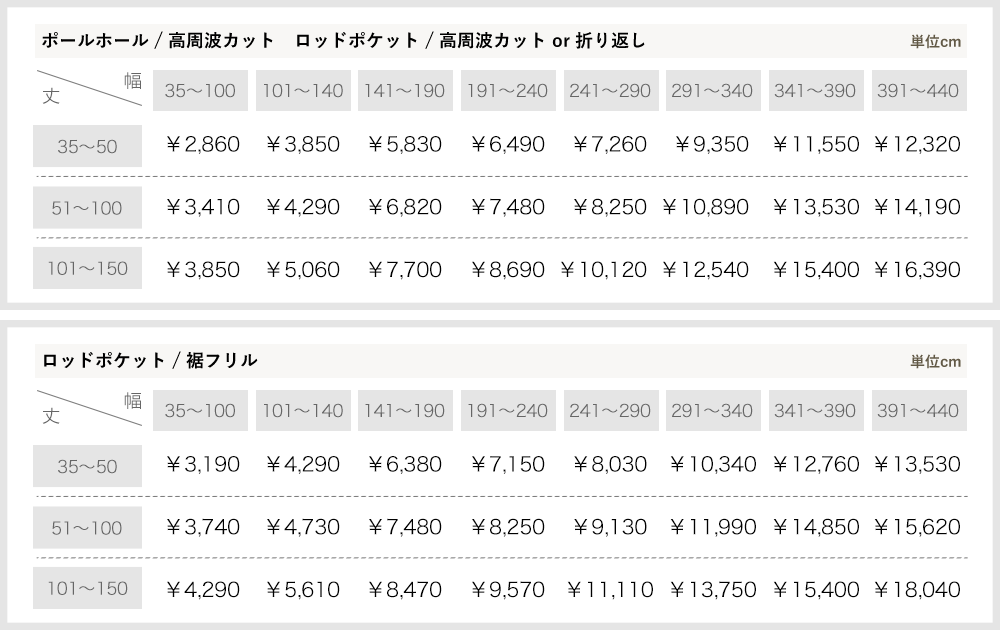 カーテン サイズオーダー 価格表