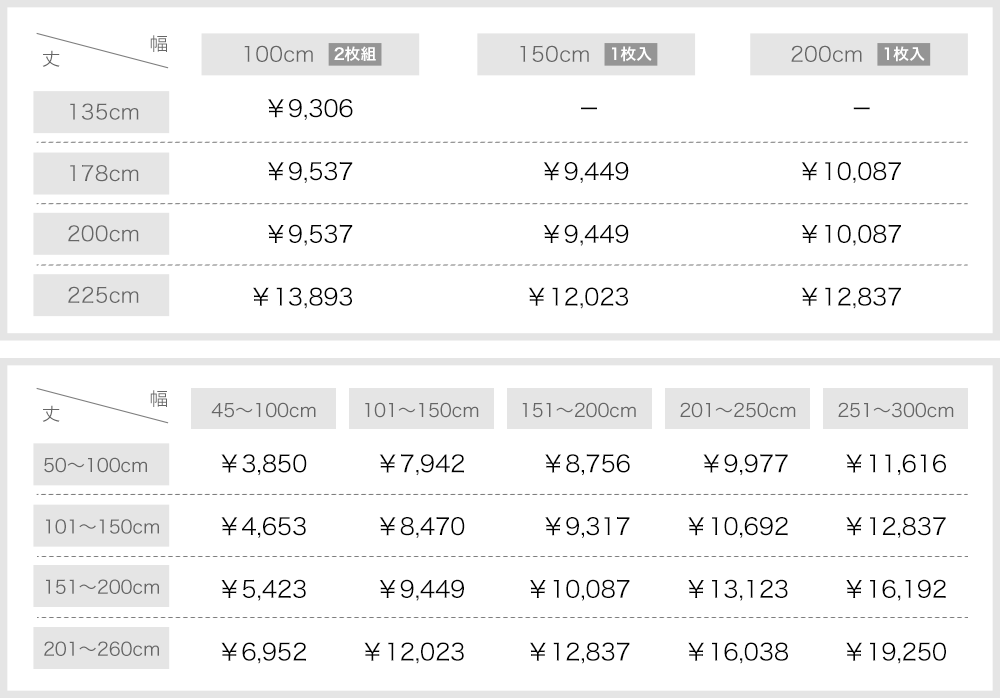 カーテン サイズオーダー 価格表