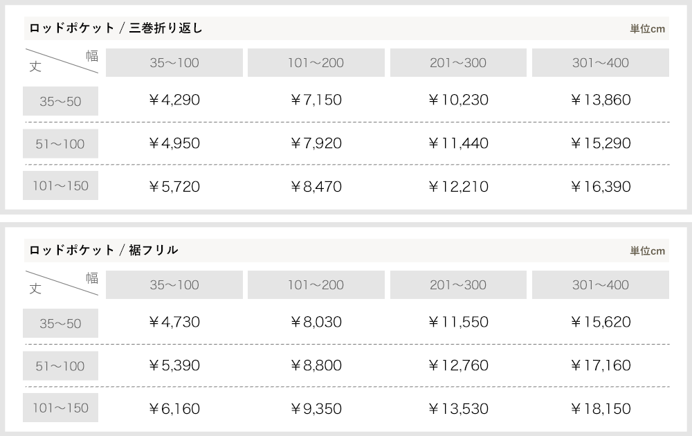 カーテン サイズオーダー 価格表